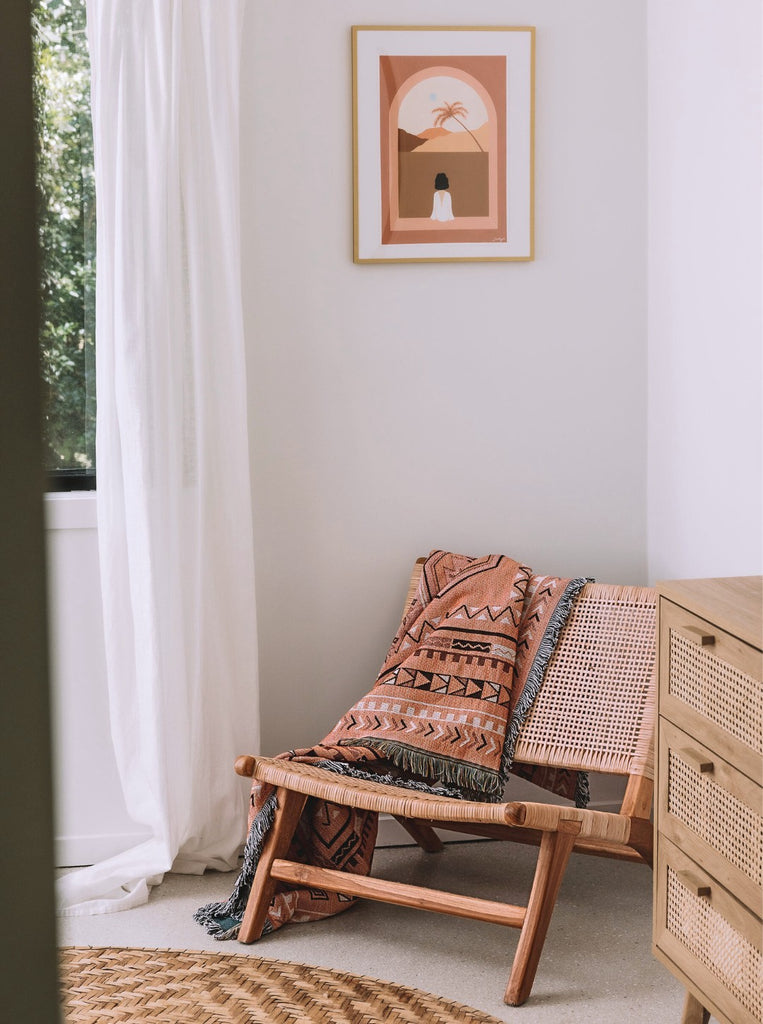 Geometric Cotton Picnic Rug used as Rattan Style Cotton Couch Throw Blanket
