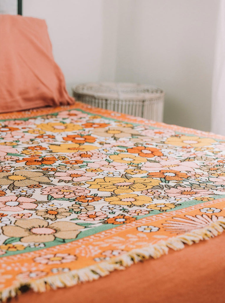 Boho Vintage Floral Brown Thora XL Throw Blanket on Queen Bed | Machine Washable DIY Home Decor