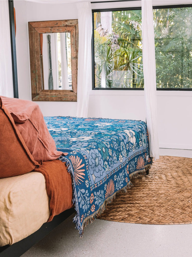 Boho Floral Blue Woven Throw Blanket on Queen Bed in Australia | Sofa Cotton Throw